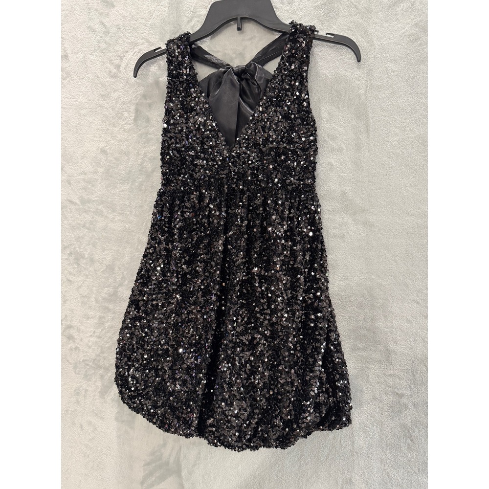 NWT Emerald Sundae Sequin Mini Dress Womens Black Satin Bow Open Back Sz S $89 - Picture 4 of 13